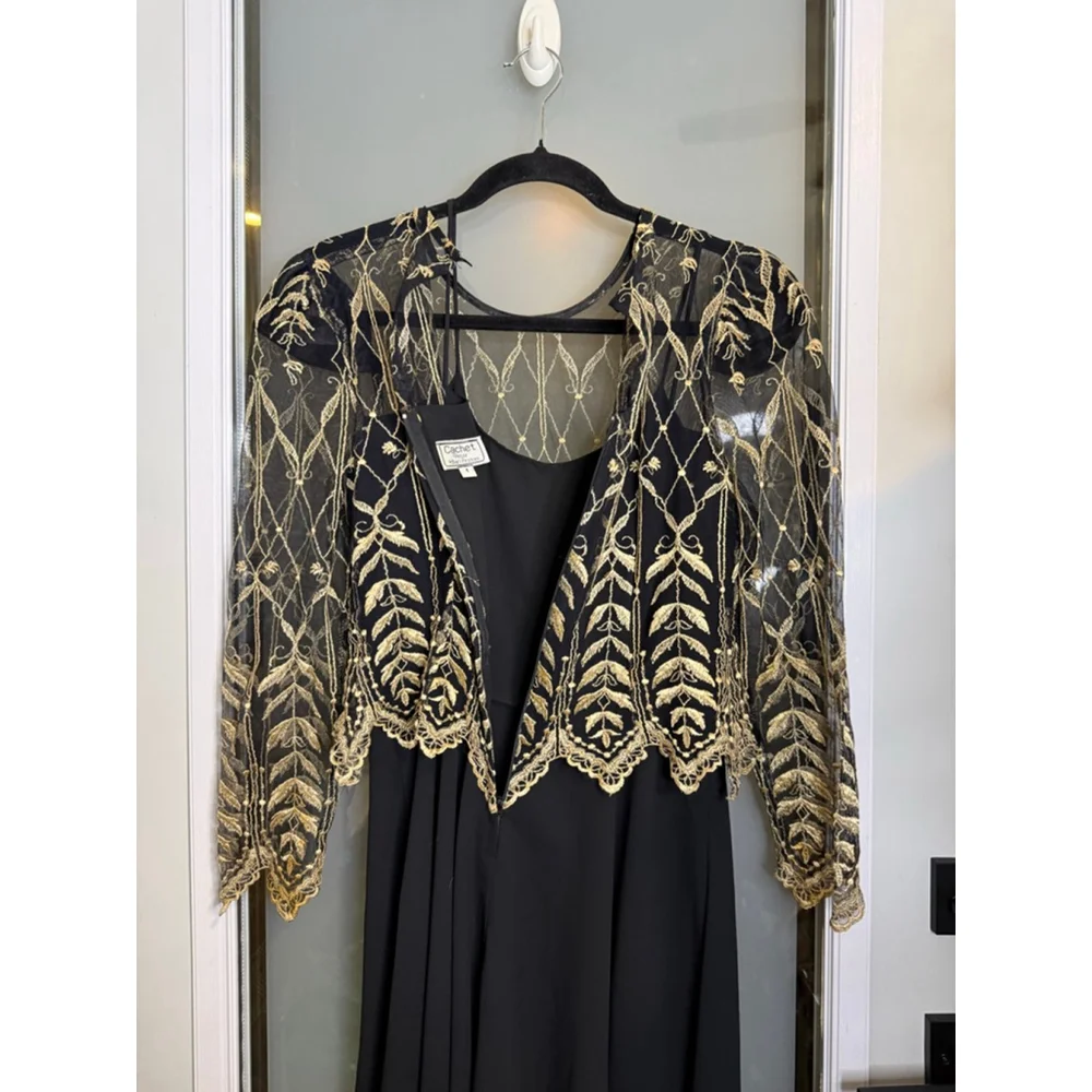 Vintage Cachet Petite by Bari Protas Black Gold Long Sleeve Dress 4P - Picture 7 of 9